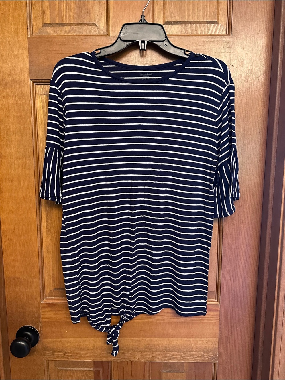 Motherhood Maternity Navy and White Striped Tie-Front Short Sleeve Top Size M
